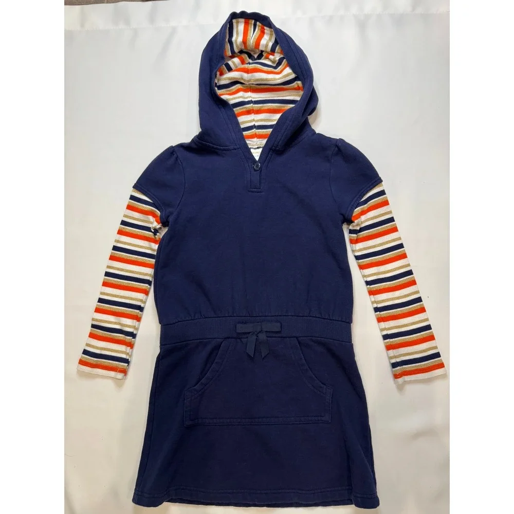 Gymboree Hoodie Dress Girls 8 Navy‎ Blue Good Striped Layered Look Sparkle Bow